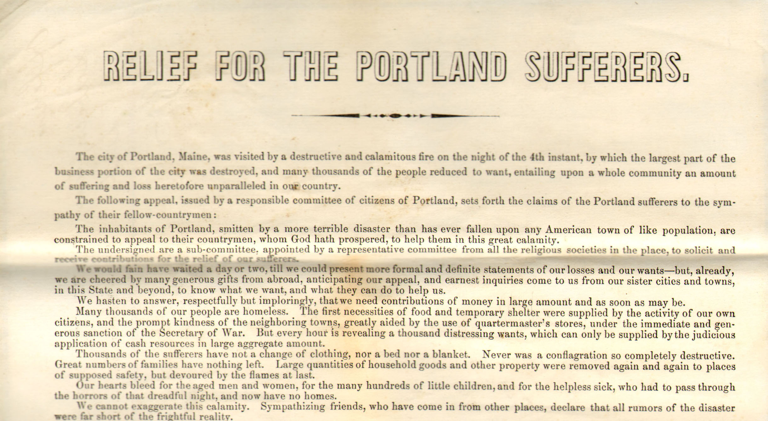Relief for the Portland Sufferers : The Great Fire, 1866