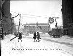 View of Monument Square During Snowstorm, 1945